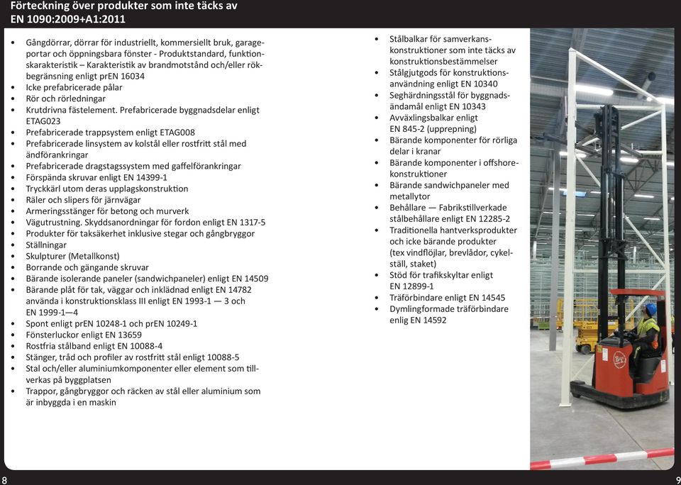 Prefabricerade byggnadsdelar enligt ETAG023 Prefabricerade trappsystem enligt ETAG008 Prefabricerade linsystem av kolstål eller rostfritt stål med ändförankringar Prefabricerade dragstagssystem med