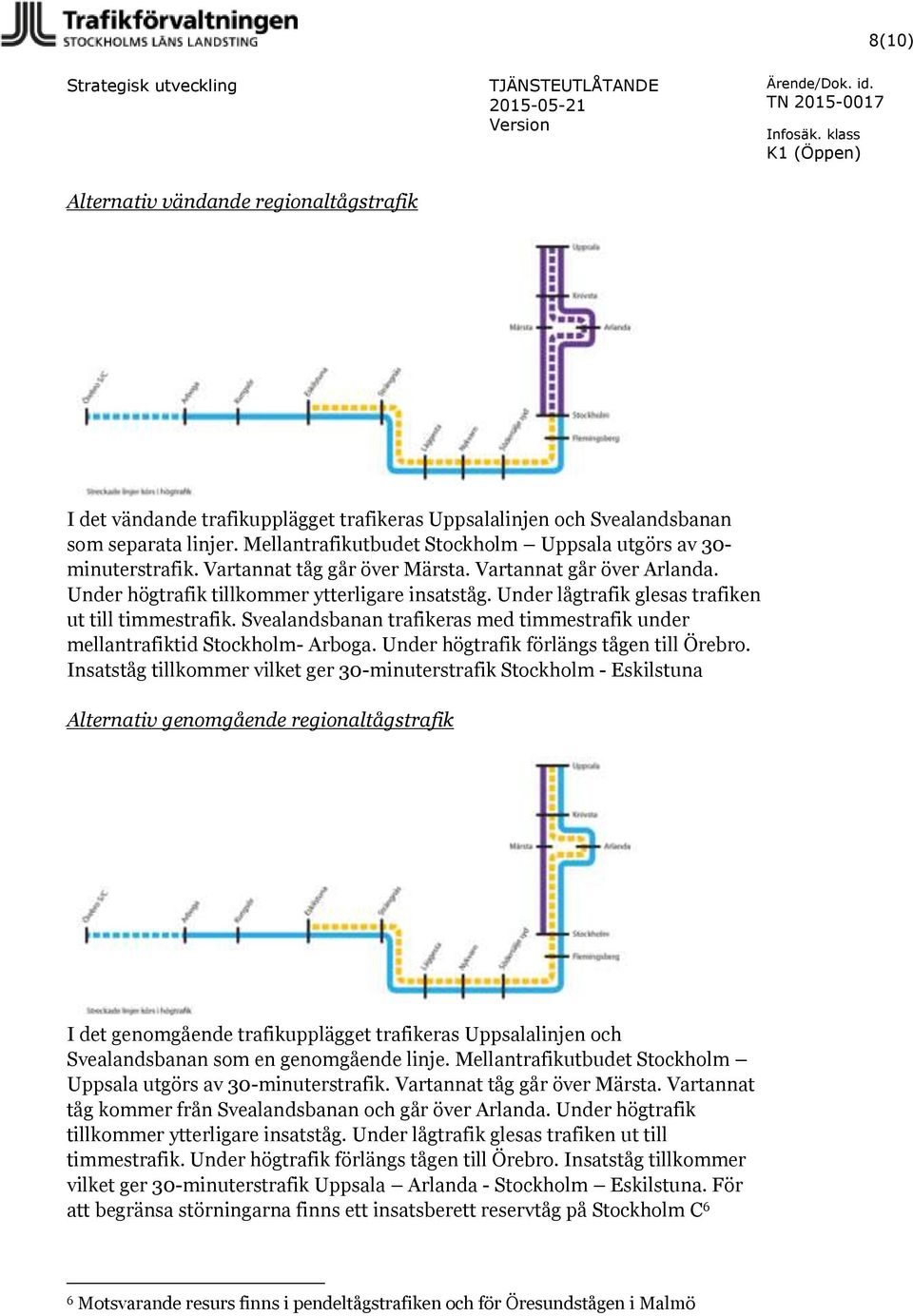 Mellantrafikutbudet Stockholm Uppsala utgörs av 30- minuterstrafik. Vartannat tåg går över Märsta. Vartannat går över Arlanda. Under högtrafik tillkommer ytterligare insatståg.