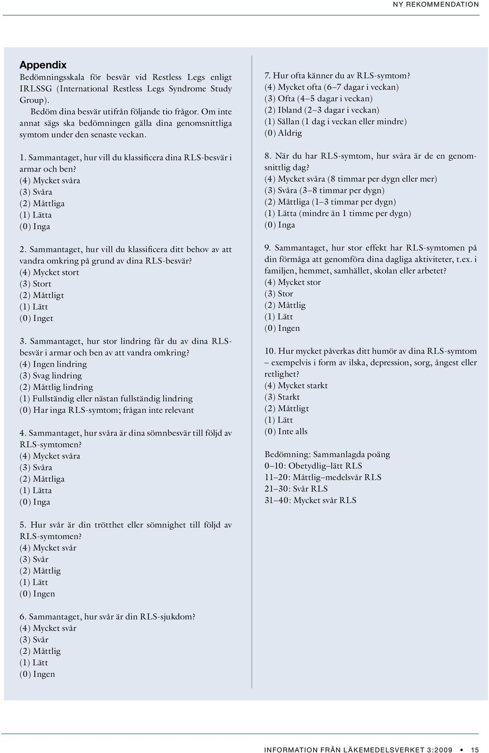 (4) Mycket svåra (3) Svåra (2) Måttliga (1) Lätta (0) Inga 2. Sammantaget, hur vill du klassificera ditt behov av att vandra omkring på grund av dina RLS-besvär?