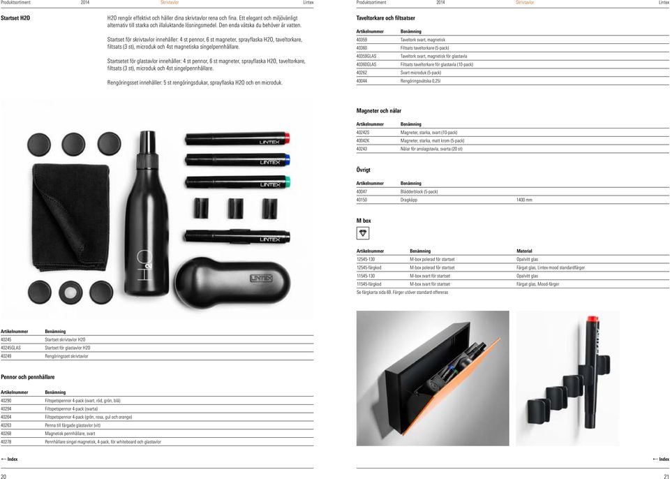 Startsetet för glastavlor innehåller: 4 st pennor, 6 st magneter, sprayflaska H2O, taveltorkare, filtsats (3 st), microduk och 4st singelpennhållare.