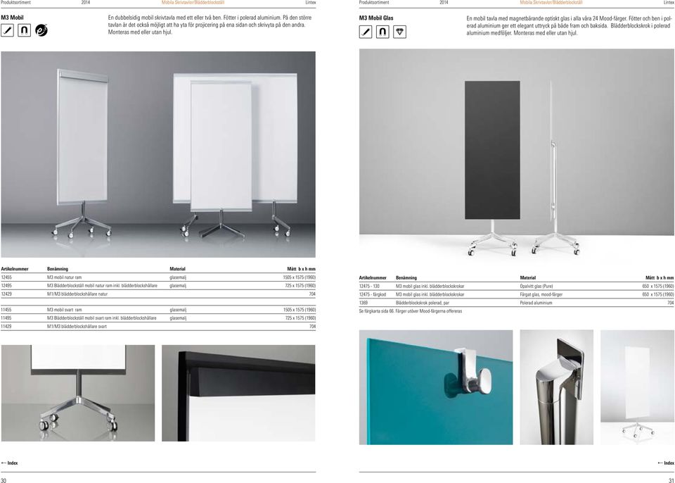 M3 Mobil Glas En mobil tavla med magnetbärande optiskt glas i alla våra 24 Mood-färger. Fötter och ben i polerad aluminium ger ett elegant uttryck på både fram och baksida.