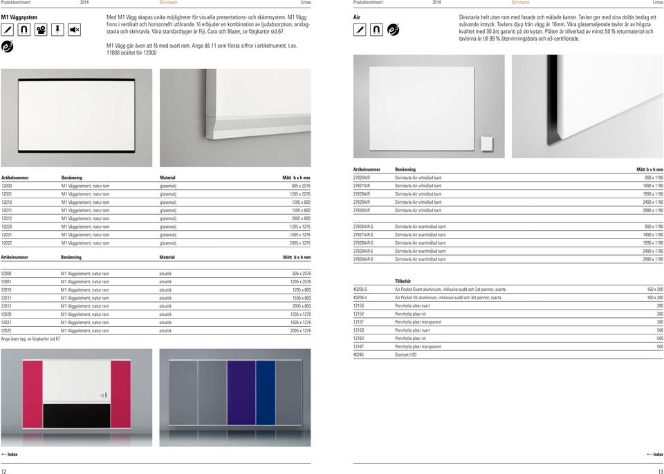 Ange då 11 som första siffror i artikelnumret, t.ex. 11000 istället för 12000 Air Skrivtavla helt utan ram med fasade och målade kanter. Tavlan ger med sina dolda beslag ett svävande intryck.