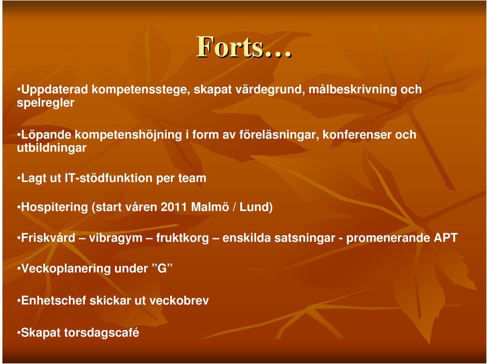 per team Hospitering (start våren 2011 Malmö / Lund) Friskvård vibragym fruktkorg enskilda