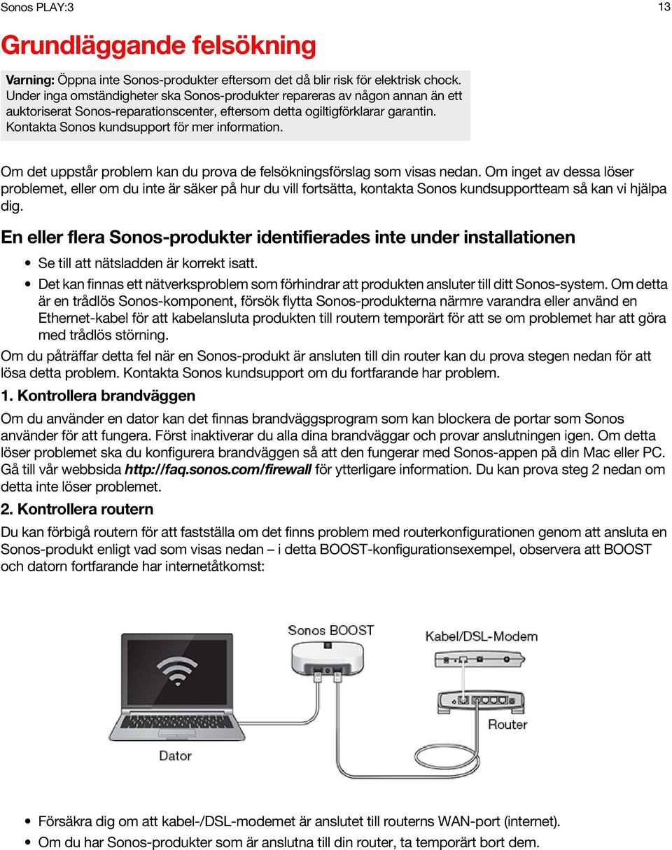 Kontakta Sonos kundsupport för mer information. Om det uppstår problem kan du prova de felsökningsförslag som visas nedan.