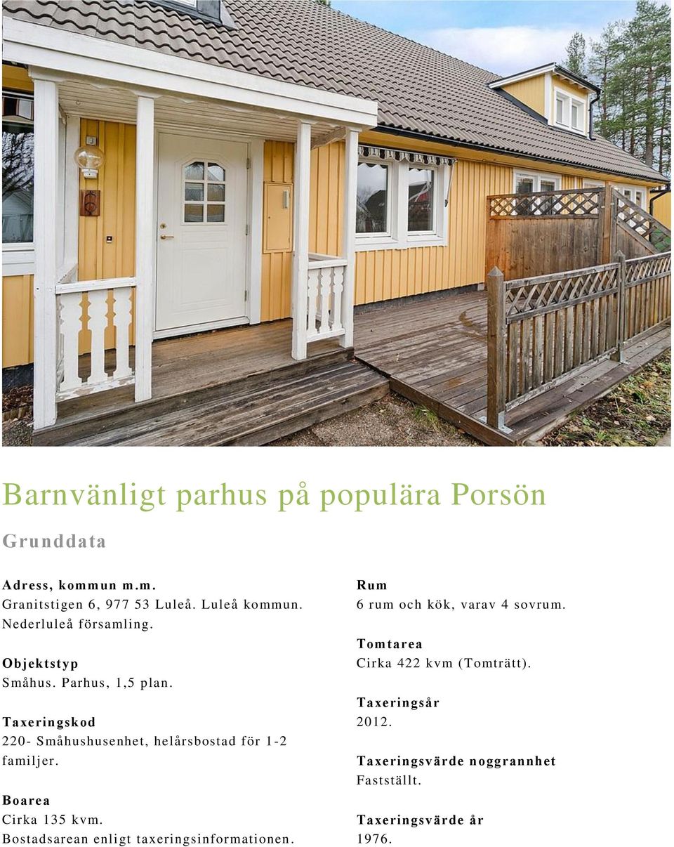 Taxeringskod 220- Småhushusenhet, helårsbostad för 1-2 familjer. Boarea Cirka 135 kvm.