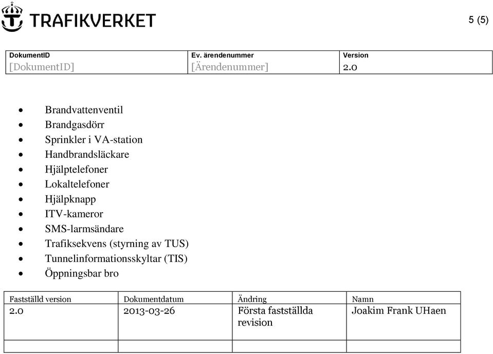 (styrning av TUS) Tunnelinformationsskyltar (TIS) Öppningsbar bro Fastställd