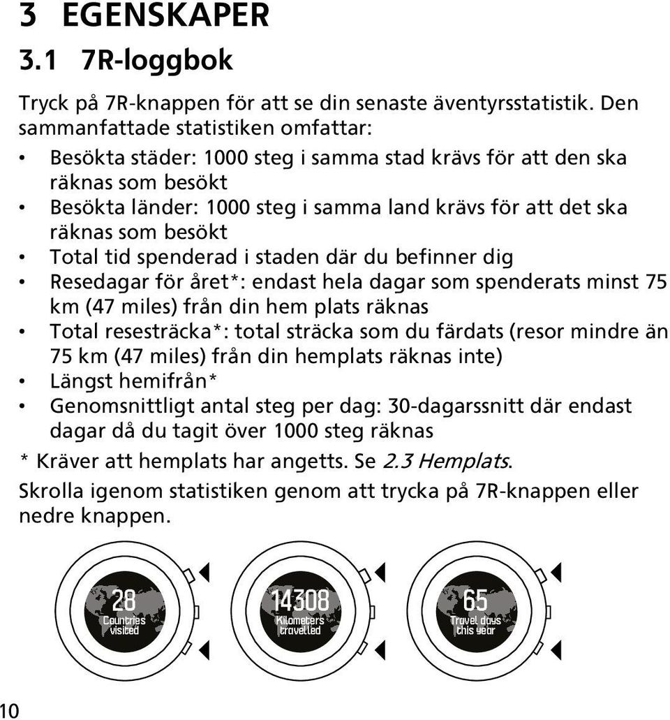 Total tid spenderad i staden där du befinner dig Resedagar för året*: endast hela dagar som spenderats minst 75 km (47 miles) från din hem plats räknas Total resesträcka*: total sträcka som du