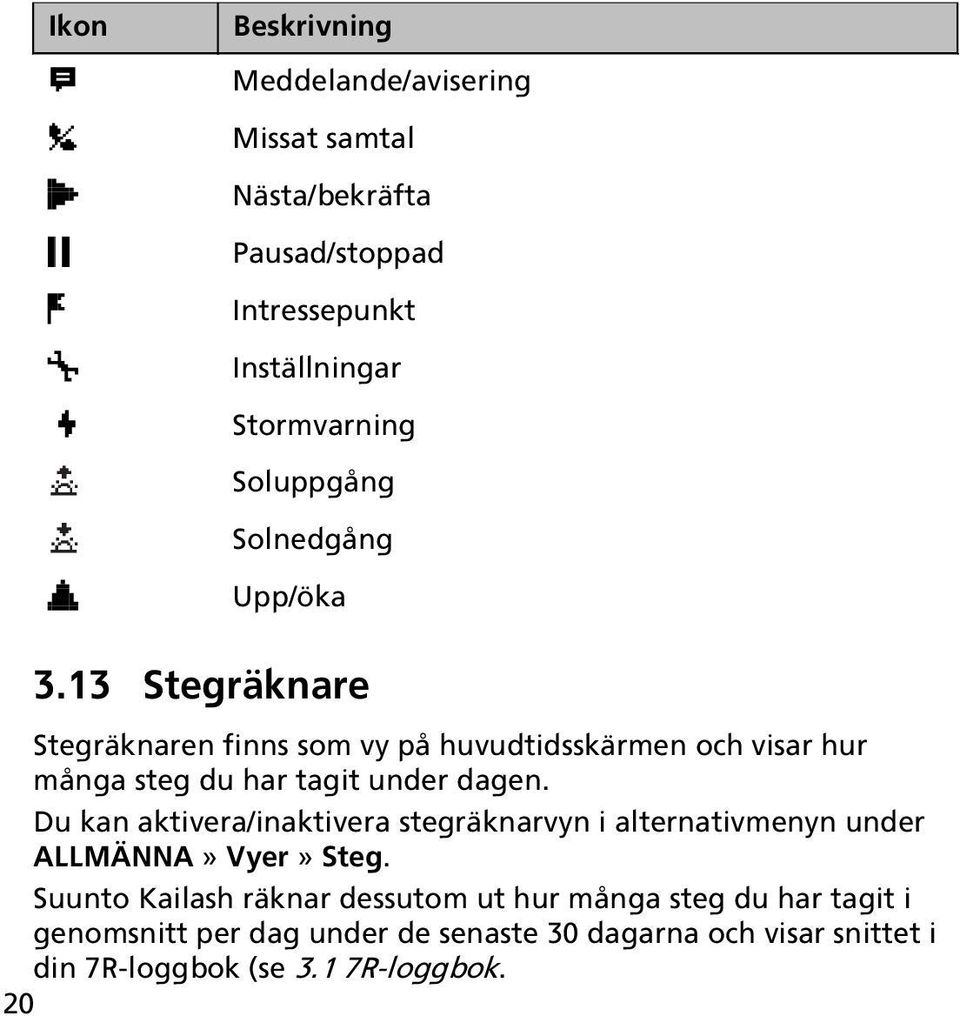 13 Stegräknare Stegräknaren finns som vy på huvudtidsskärmen och visar hur många steg du har tagit under dagen.