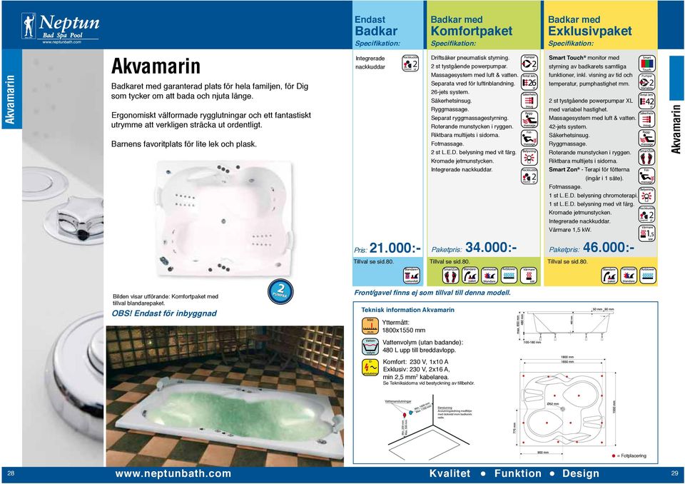 Integrerade nackkuddar Driftsäker pneumatisk styrning. 2 st tystgående powerpumpar. Separata vred för luftinblandning. 26-jets system. Separat ryggmassagestyrning. Fotmassage. 2 st L.E.D. belysning med vit färg.