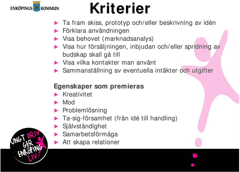 kontakter man använt nt Sammanställning av eventuella intäkter och utgifter Egenskaper som premieras Kreativitet