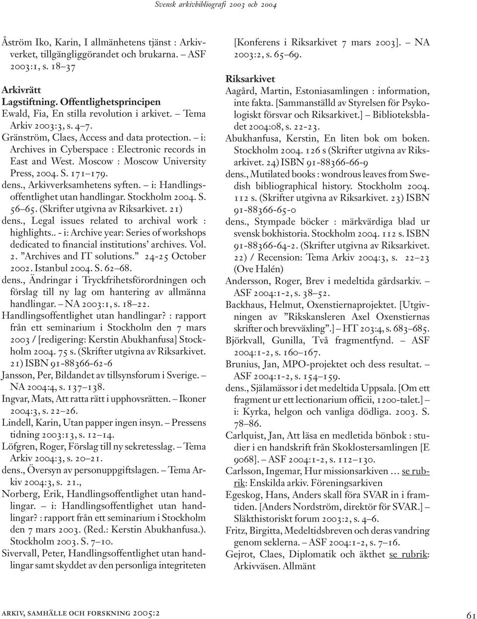 i: Archives in Cyberspace : Electronic records in East and West. Moscow : Moscow University Press, 2004. S. 171 179. dens., Arkivverksamhetens syften. i: Handlingsoffentlighet utan handlingar.