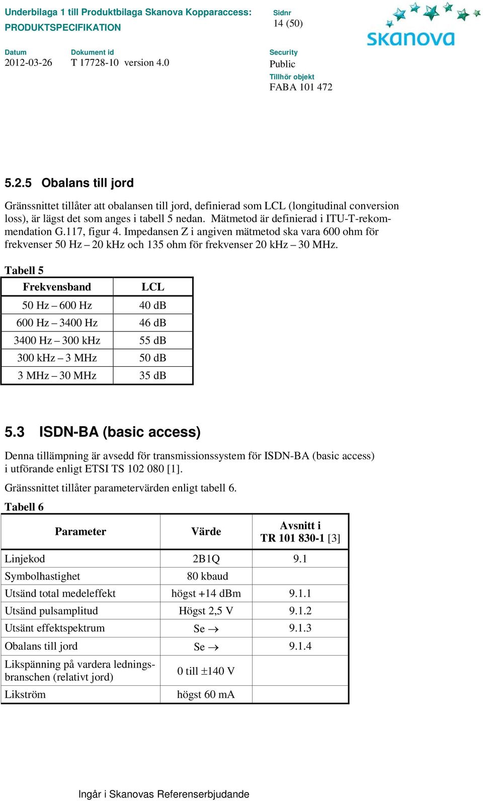 Tabell 5 Frekvensband LCL 50 Hz 600 Hz 40 db 600 Hz 3400 Hz 46 db 3400 Hz 300 khz 55 db 300 khz 3 MHz 50 db 3 MHz 30 MHz 35 db 5.