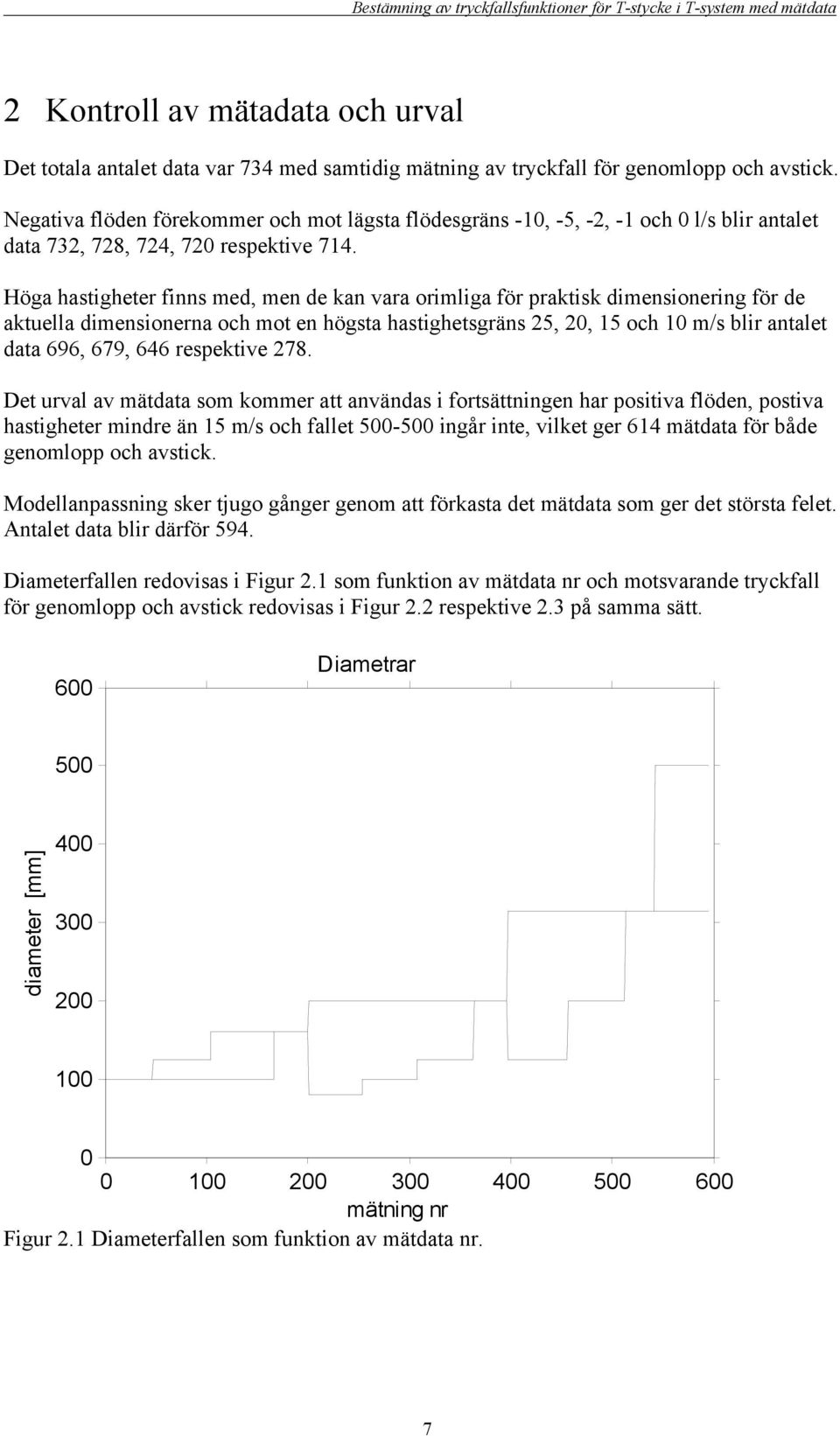 Höga hastigheter finns med, men de kan vara orimliga för praktisk dimensionering för de aktuella dimensionerna och mot en högsta hastighetsgräns 25, 2, 15 och 1 m/s blir antalet data 696, 679, 646