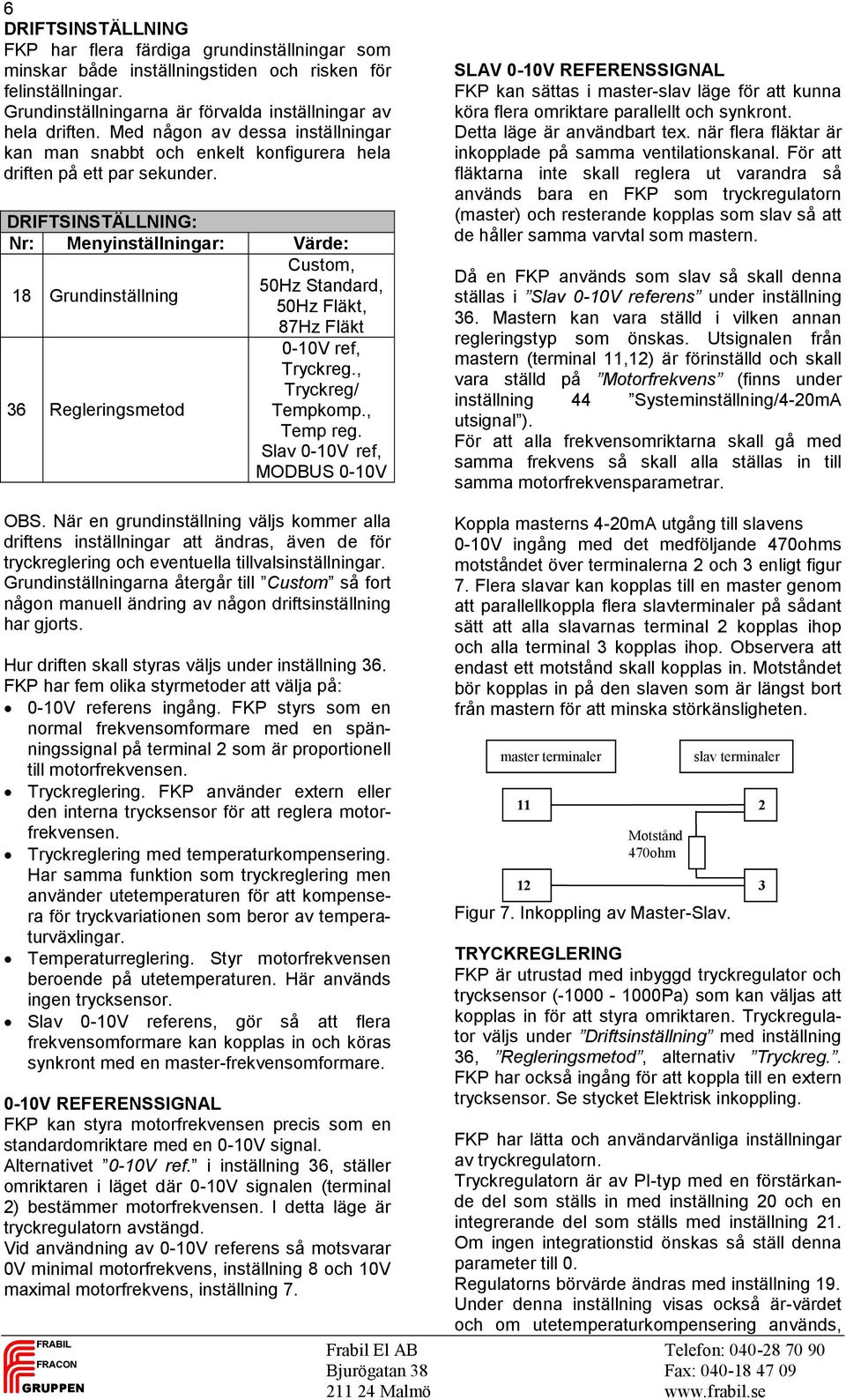 DRIFTSINSTÄLLNING: 18 Grundinställning Custom, 50Hz Standard, 50Hz Fläkt, 87Hz Fläkt 36 Regleringsmetod 0-10V ref, Tryckreg., Tryckreg/ Tempkomp., Temp reg.