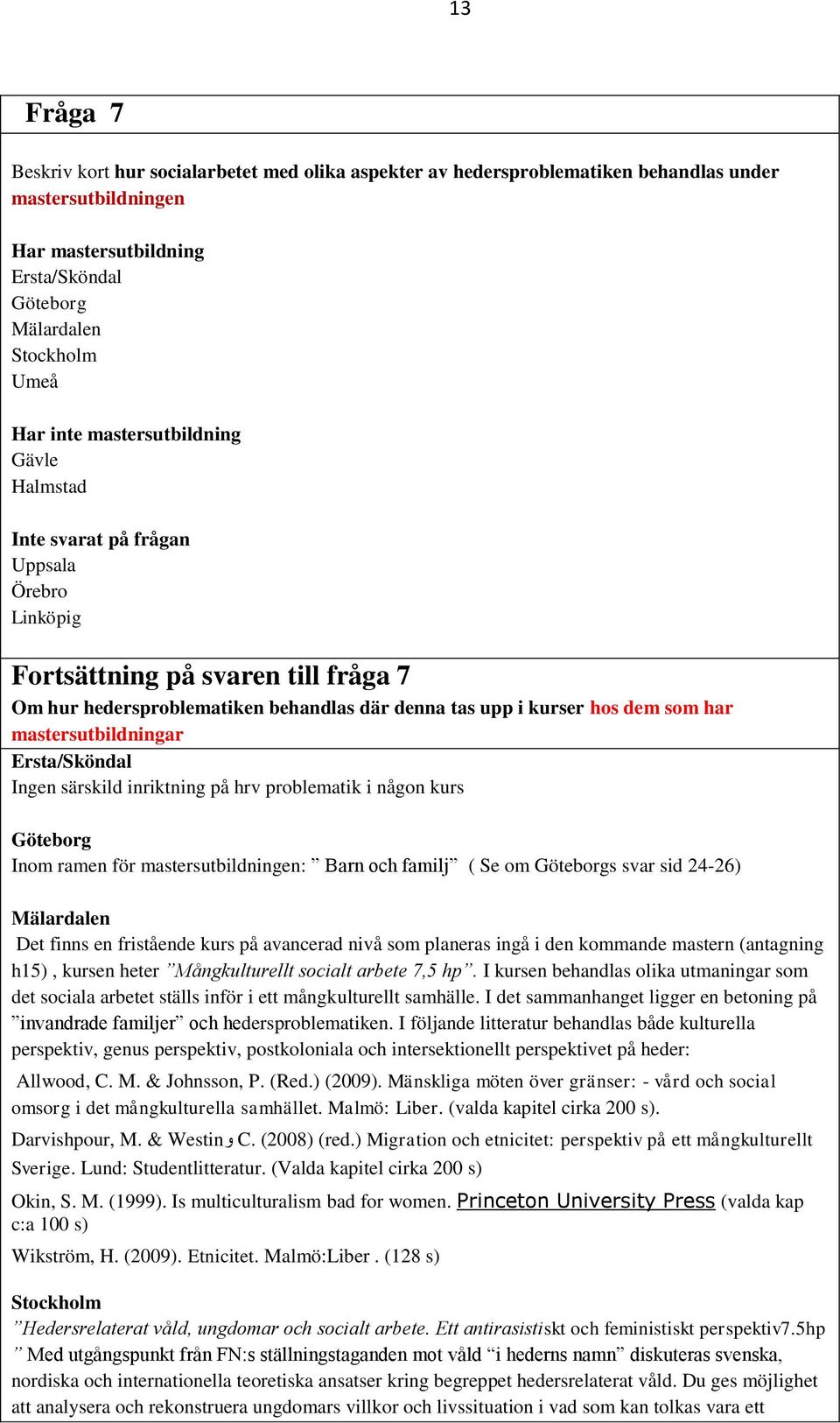 Ingen särskild inriktning på hrv problematik i någon kurs Göteborg Inom ramen för mastersutbildningen: Barn och familj ( Se om Göteborgs svar sid 24-26) Det finns en fristående kurs på avancerad nivå