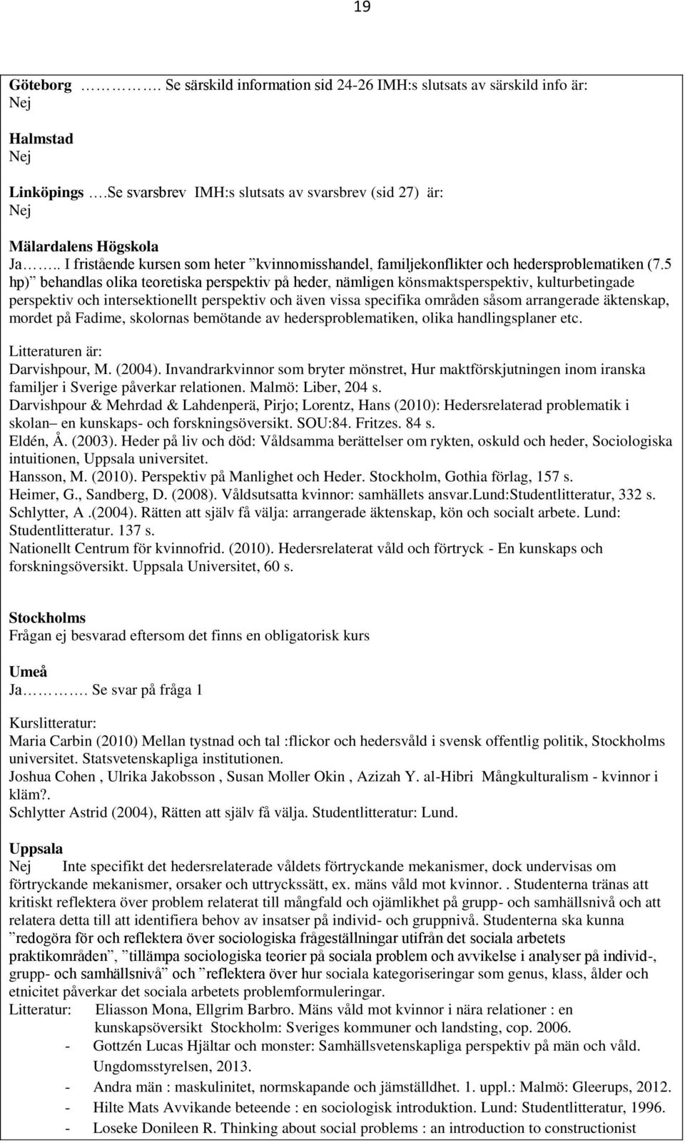 5 hp) behandlas olika teoretiska perspektiv på heder, nämligen könsmaktsperspektiv, kulturbetingade perspektiv och intersektionellt perspektiv och även vissa specifika områden såsom arrangerade