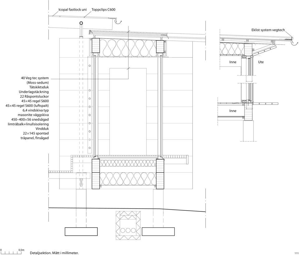 väggskiva 450 400 56 snedsågad limträbalk+linullsisolering Vindduk 22 145 spontad träpanel, finsågad Inne