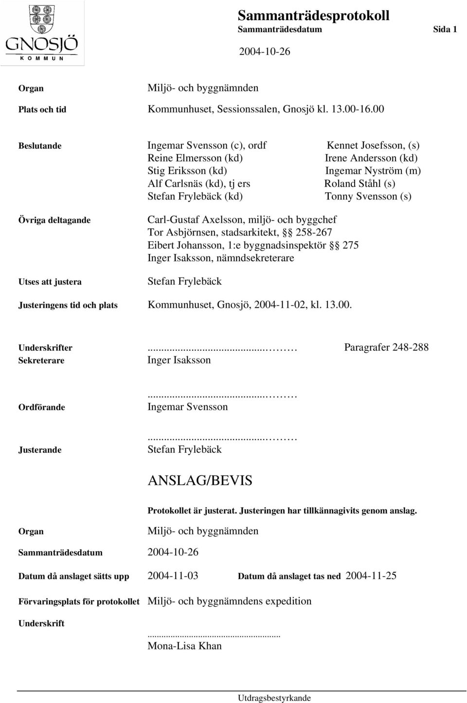 Frylebäck (kd) Tonny Svensson (s) Övriga deltagande Utses att justera Carl-Gustaf Axelsson, miljö- och byggchef Tor Asbjörnsen, stadsarkitekt, 258-267 Eibert Johansson, 1:e byggnadsinspektör 275