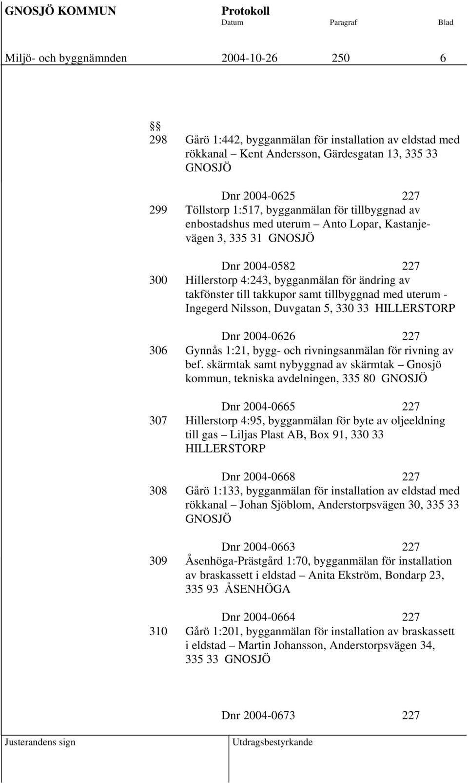 tillbyggnad med uterum - Ingegerd Nilsson, Duvgatan 5, 330 33 HILLERSTORP Dnr 2004-0626 227 306 Gynnås 1:21, bygg- och rivningsanmälan för rivning av bef.