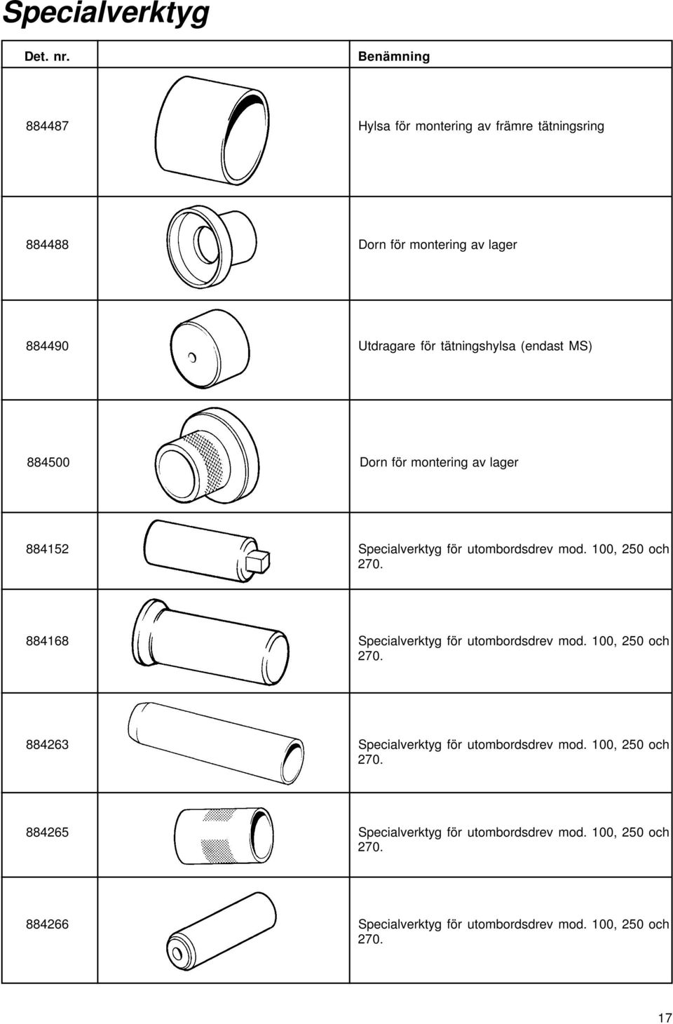 (endast MS) 884500 Dorn för montering av lager 884152 Specialverktyg för utombordsdrev mod. 100, 250 och 270.