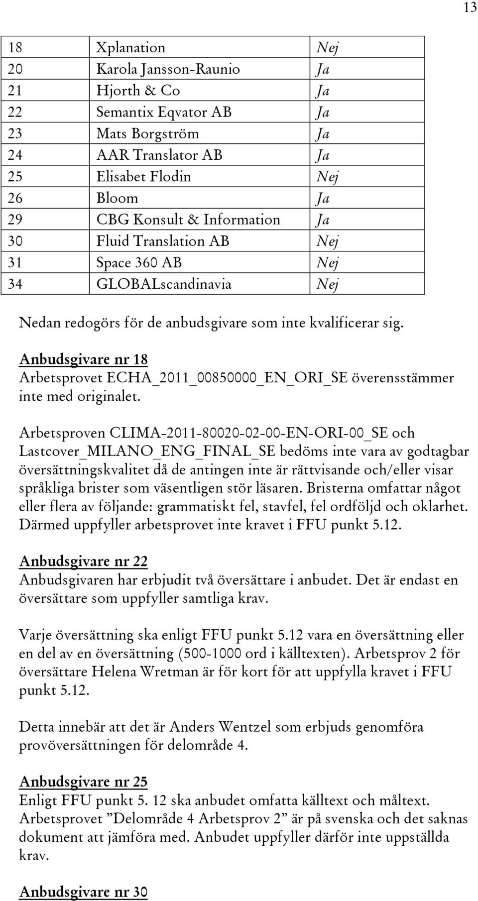 Anbudsgivare nr 18 Arbetsprovet ECHA_2011_00850000_EN_ORI_SE överensstämmer inte med originalet.