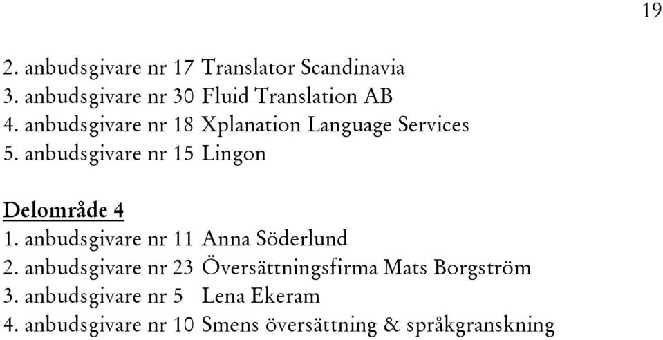 anbudsgivare nr 18 Xplanation Language Services 5. anbudsgivare nr 15 Lingon Delområde 4 1.