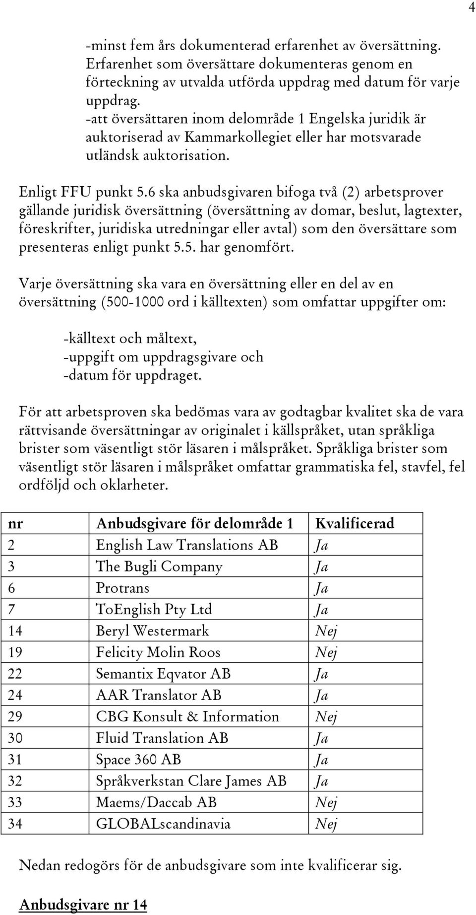 6 ska anbudsgivaren bifoga två (2) arbetsprover gällande juridisk översättning (översättning av domar, beslut, lagtexter, föreskrifter, juridiska utredningar eller avtal) som den översättare som