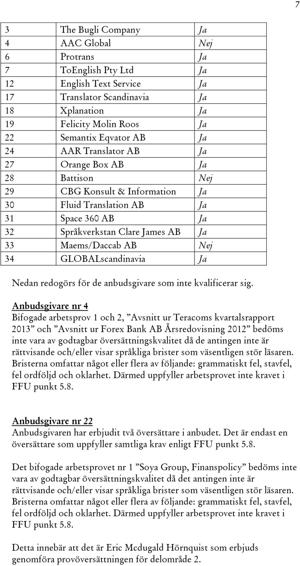 Nej 34 GLOBALscandinavia Ja Nedan redogörs för de anbudsgivare som inte kvalificerar sig.