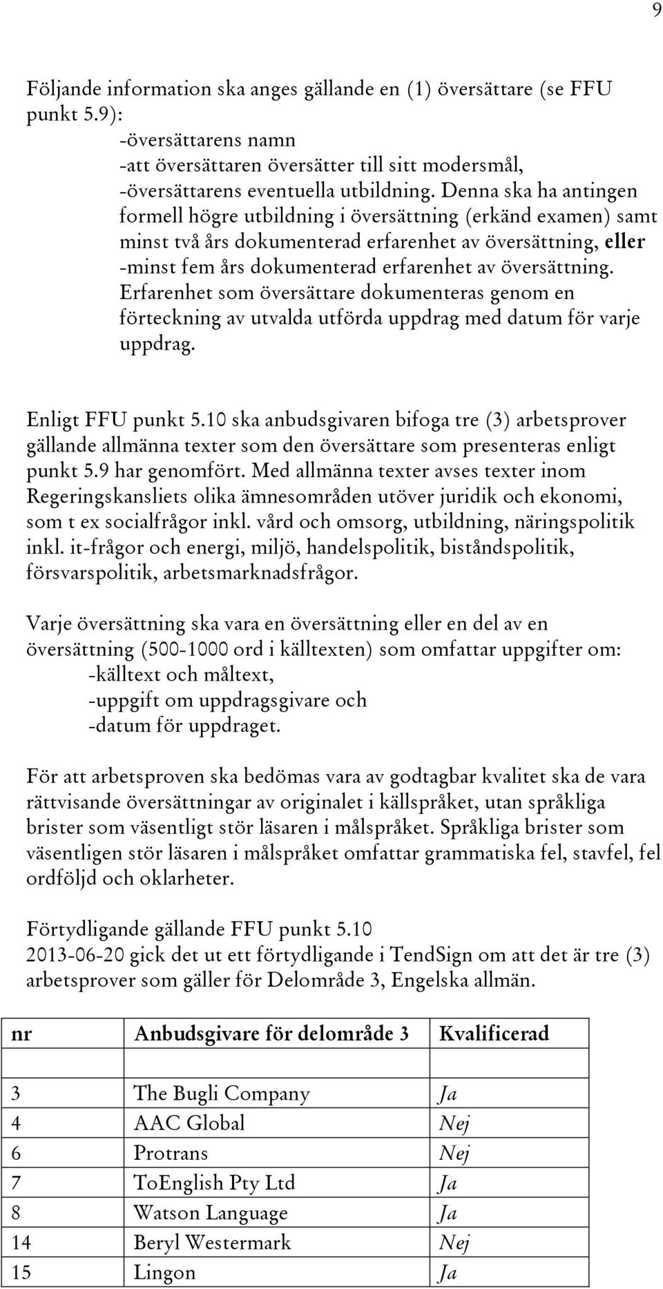 Erfarenhet som översättare dokumenteras genom en förteckning av utvalda utförda uppdrag med datum för varje uppdrag. Enligt FFU punkt 5.