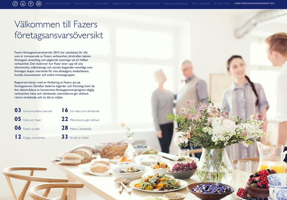 Den beskriver hur Fazer lever upp till sina ekonomiska, miljömässiga och sociala åtaganden samtidigt som företaget skapar mervärde för sina aktieägare, medarbetare, kunder, konsumenter och andra