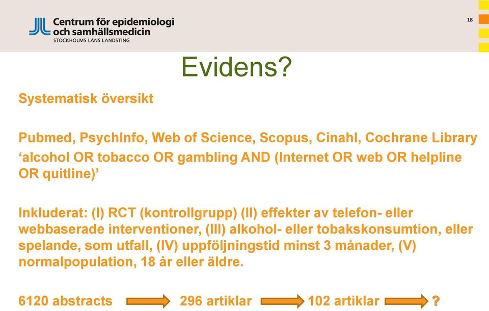 gambling AND (Internet OR web OR helpline OR quitline) Inkluderat: (I) RCT (kontrollgrupp) (II) effekter av