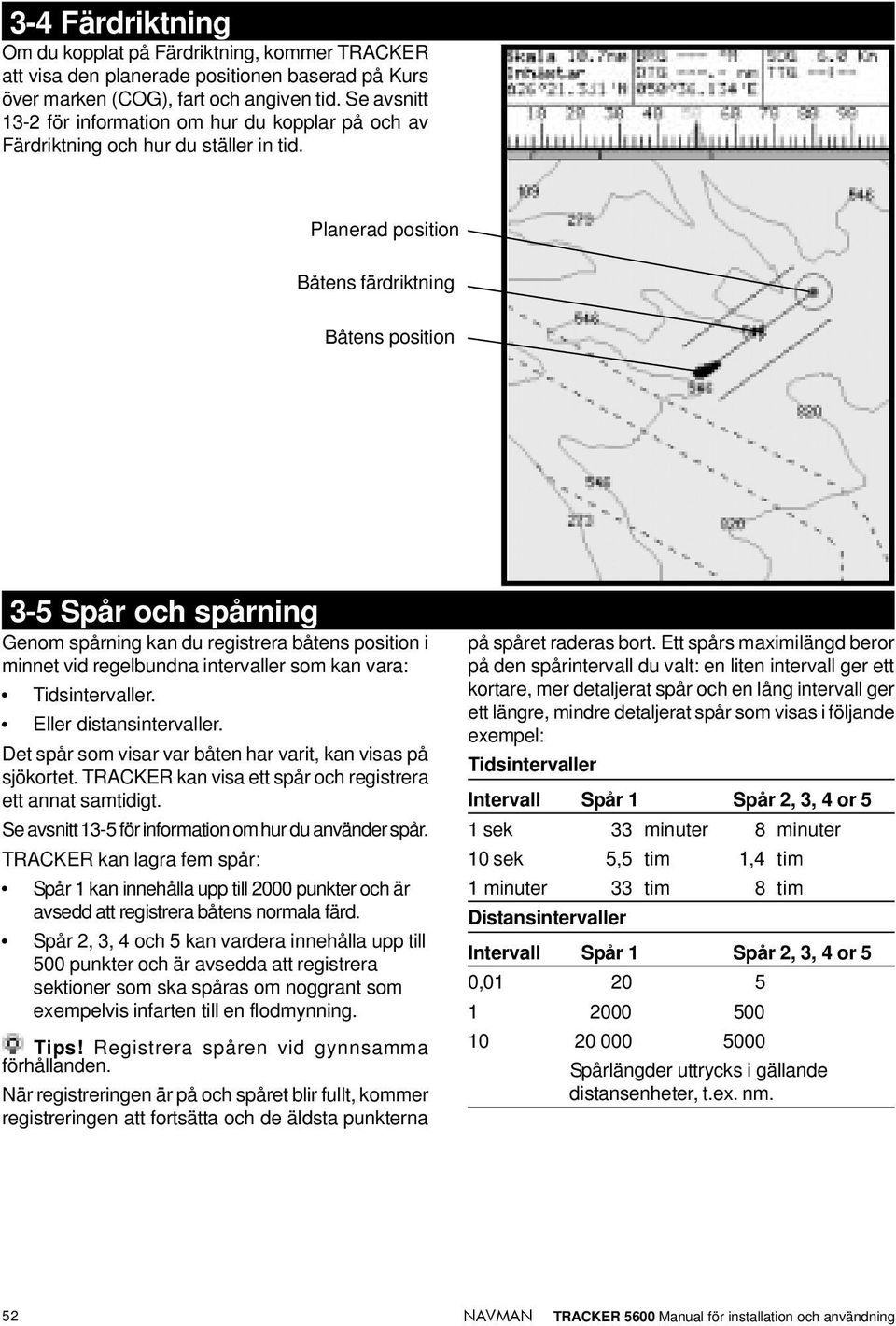 Planerad position Båtens färdriktning Båtens position 3-5 Spår och spårning Genom spårning kan du registrera båtens position i minnet vid regelbundna intervaller som kan vara: Tidsintervaller.