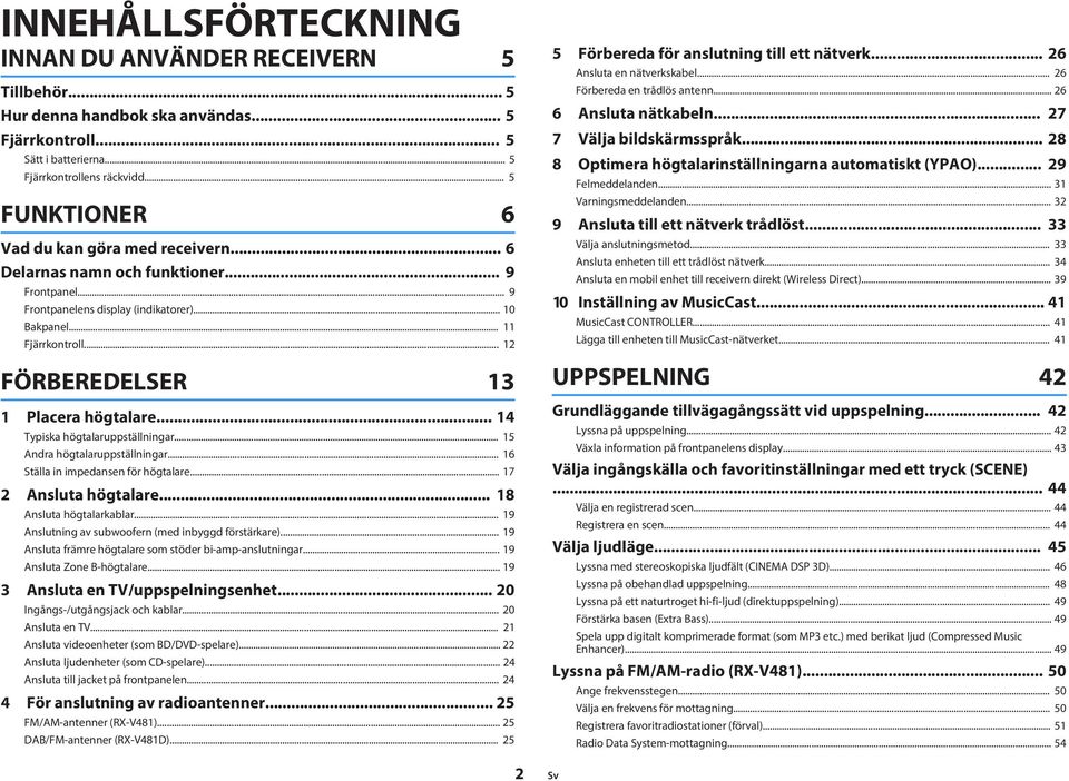 .. FÖRBEREDELSER 3 Placera högtalare... 4 Typiska högtalaruppställningar... 5 Andra högtalaruppställningar... 6 Ställa in impedansen för högtalare... 7 Ansluta högtalare... 8 Ansluta högtalarkablar.