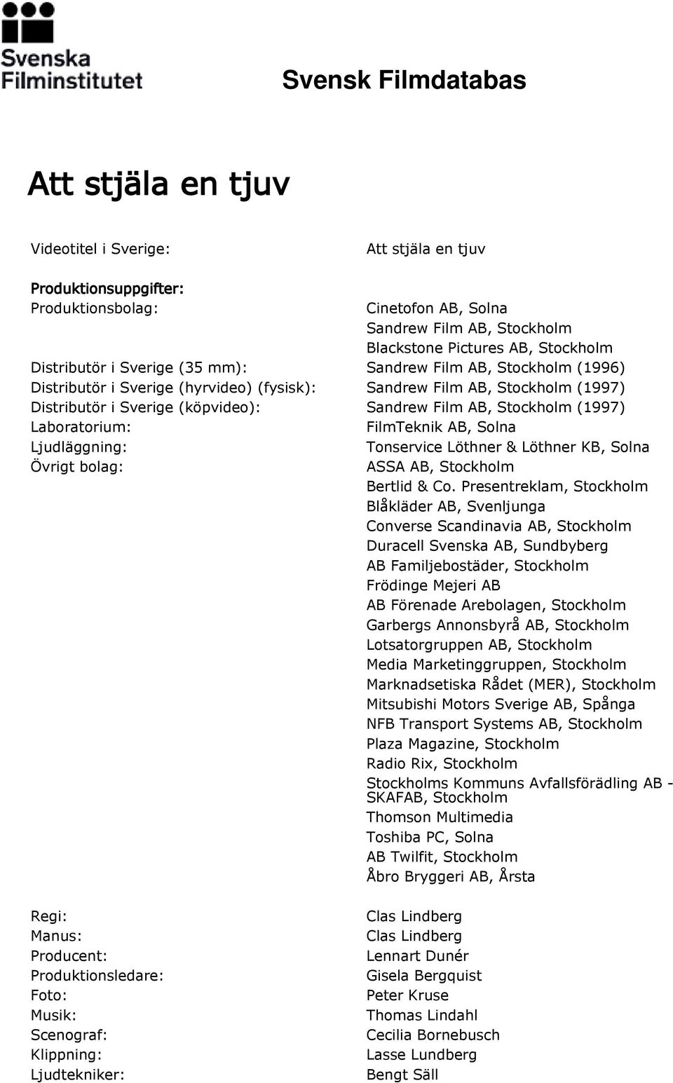 Laboratorium: FilmTeknik AB, Solna Ljudläggning: Tonservice Löthner & Löthner KB, Solna Övrigt bolag: ASSA AB, Stockholm Bertlid & Co.