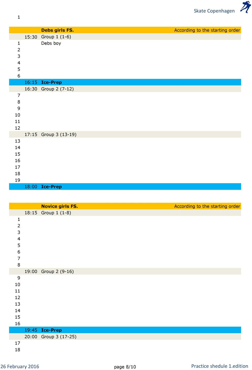 (7-12) 17:15 Group 3 (13-19) 18:00 Ice-Prep According to the starting order 1 2 3 4 5 6 7 8 9 10 11 12 13 14