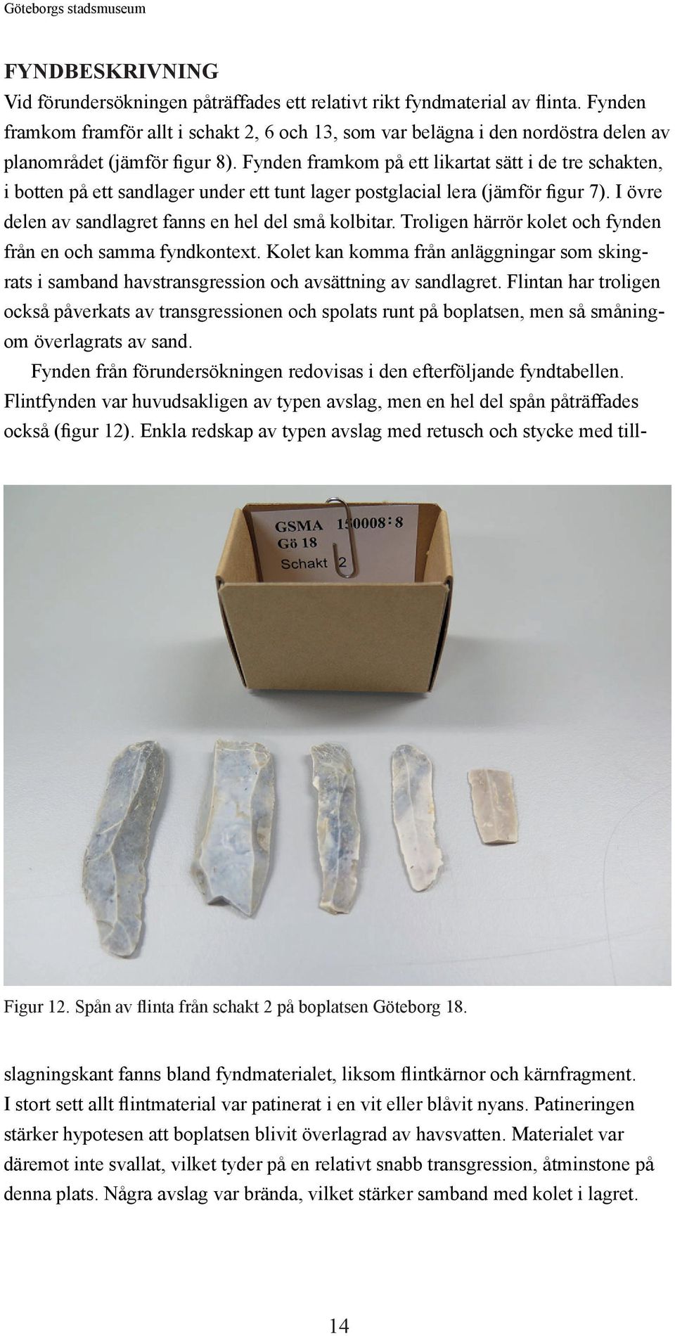 Fynden framkom på ett likartat sätt i de tre schakten, i botten på ett sandlager under ett tunt lager postglacial lera (jämför figur 7). I övre delen av sandlagret fanns en hel del små kolbitar.