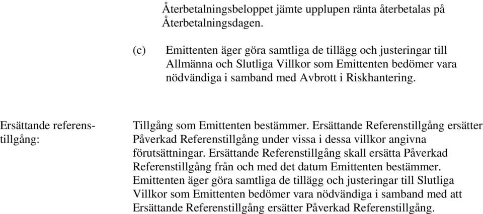 Ersättande referenstillgång: Tillgång som Emittenten bestämmer. Ersättande Referenstillgång ersätter Påverkad Referenstillgång under vissa i dessa villkor angivna förutsättningar.