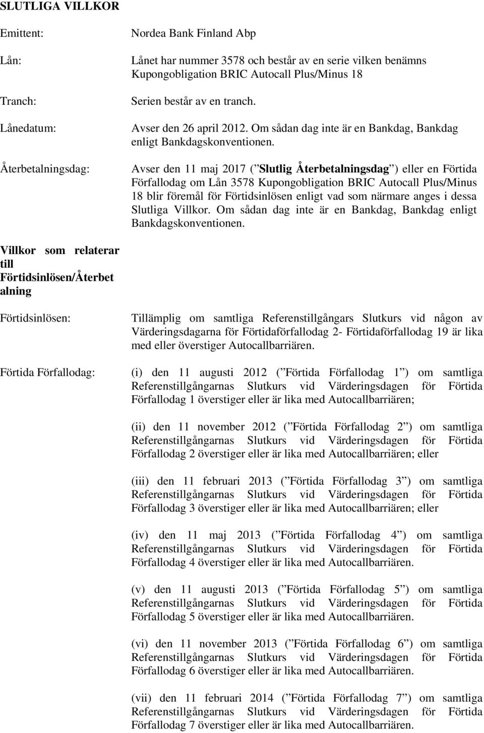 Avser den 11 maj 2017 ( Slutlig Återbetalningsdag ) eller en Förtida Förfallodag om Lån 3578 Kupongobligation BRIC Autocall Plus/Minus 18 blir föremål för Förtidsinlösen enligt vad som närmare anges