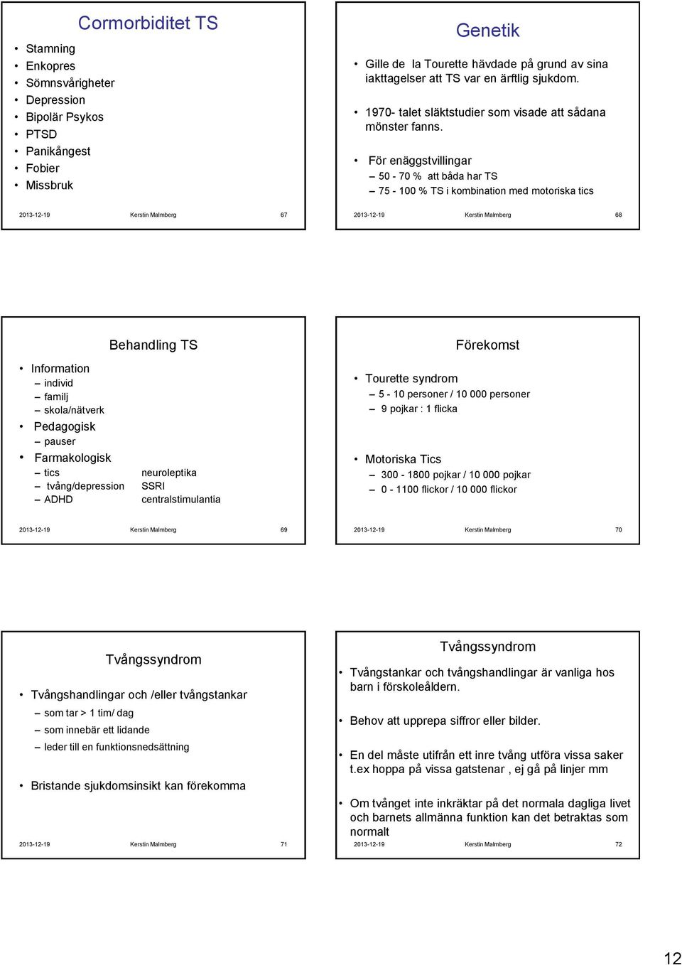 För enäggstvillingar 50-70 % att båda har TS 75-100 % TS i kombination med motoriska tics 2013-12-19 Kerstin Malmberg 67 2013-12-19 Kerstin Malmberg 68 Information individ familj skola/nätverk