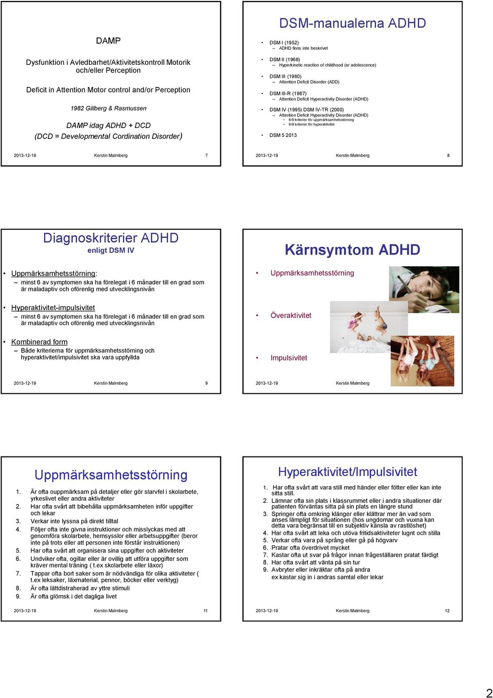 III-R (1987) Attention Deficit Hyperactivity Disorder (ADHD) DSM IV (1995) DSM IV-TR (2000) Attention Deficit Hyperactivity Disorder (ADHD) 6/9 kriterier för uppmärksamhetsstörning 6/9 kriterier för