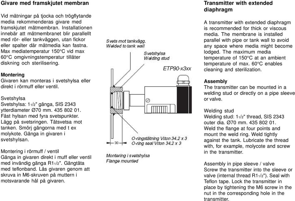 Max mediatemperatur 150 C vid max 60 C omgivningstemperatur tillåter diskning och sterilisering. Montering Givaren kan monteras i svetshylsa eller direkt i rörmuff eller ventil.