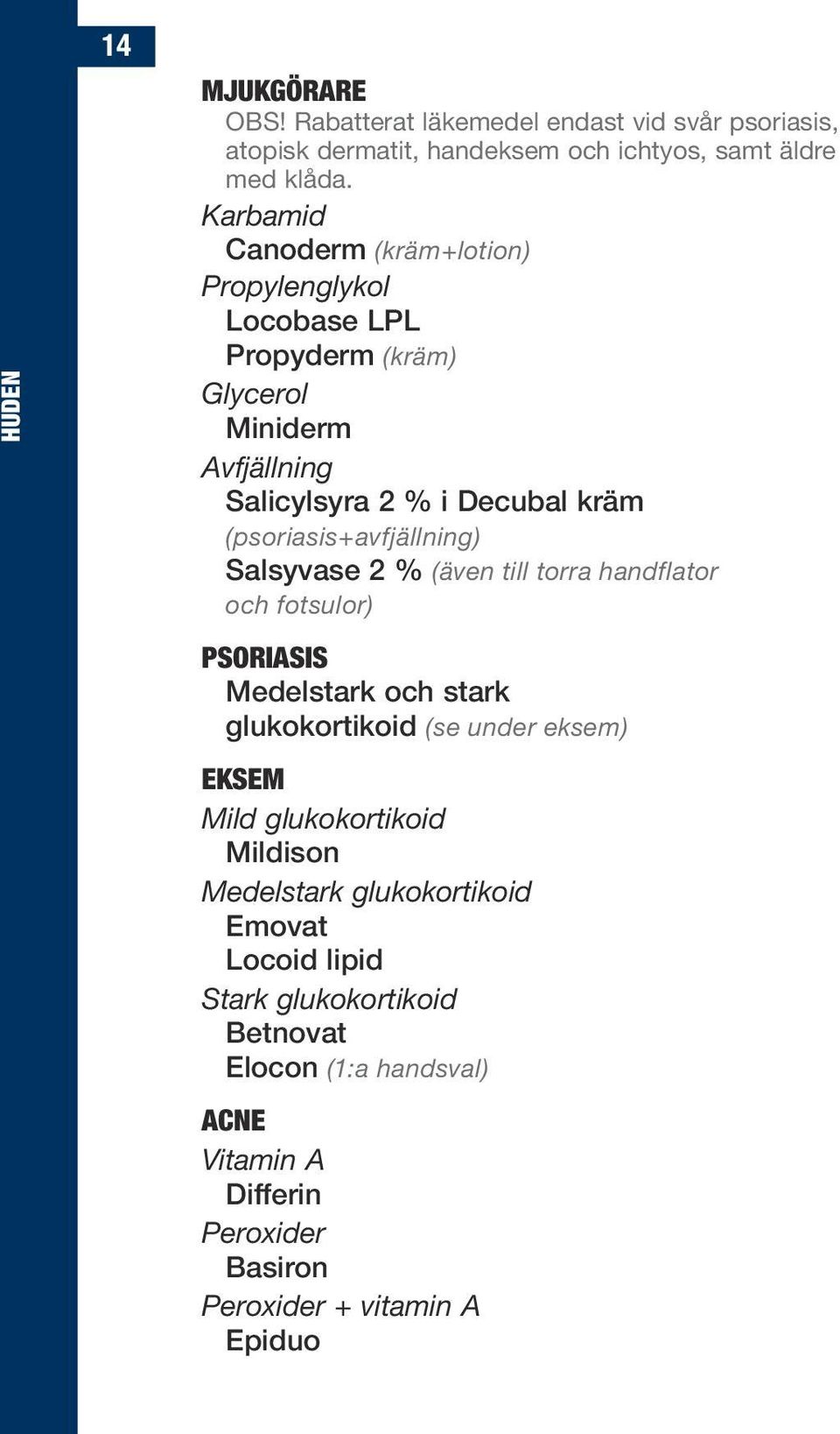 (psoriasis+avfjällning) Salsyvase 2 % (även till torra handflator och fotsulor) psoriasis Medelstark och stark glukokortikoid (se under eksem) eksem Mild