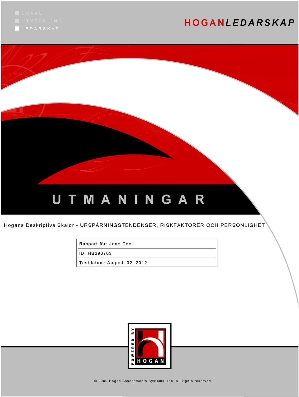 PERSONLIGHET Rapport för: Jane Doe ID: HB2763 Testdatum: Augusti 02, 12 2 0 0 9