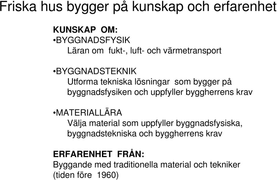 uppfyller byggherrens krav MATERIALLÄRA Välja material som uppfyller byggnadsfysiska,