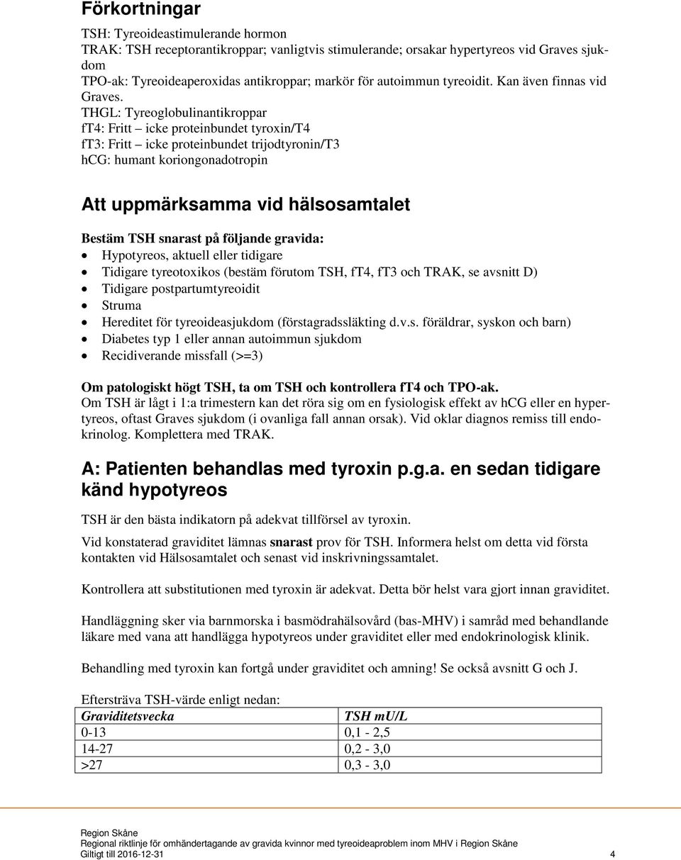 THGL: Tyreoglobulinantikroppar ft4: Fritt icke proteinbundet tyroxin/t4 ft3: Fritt icke proteinbundet trijodtyronin/t3 hcg: humant koriongonadotropin Att uppmärksamma vid hälsosamtalet Bestäm TSH