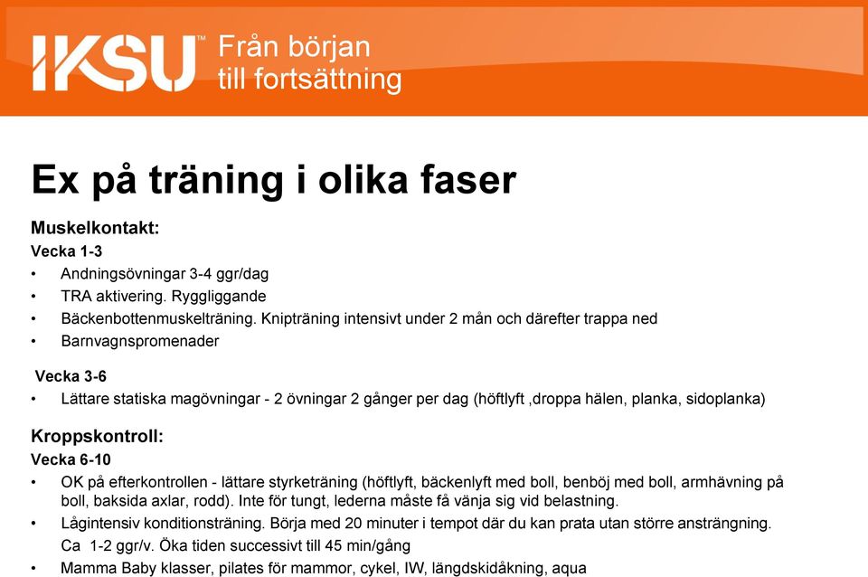 Kroppskontroll: Vecka 6-10 OK på efterkontrollen - lättare styrketräning (höftlyft, bäckenlyft med boll, benböj med boll, armhävning på boll, baksida axlar, rodd).