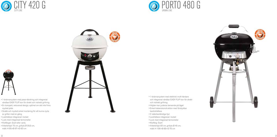 Arbetshöjd: 75 cm, grillyta Ø 39,5 cm, mått: H 95 B 67 D 60 cm 1-brännarsystem med elektrisk multi-tändare och integrerad vändbar EASY FLIP kon för direkt och indirekt grillning Höjden kan justeras