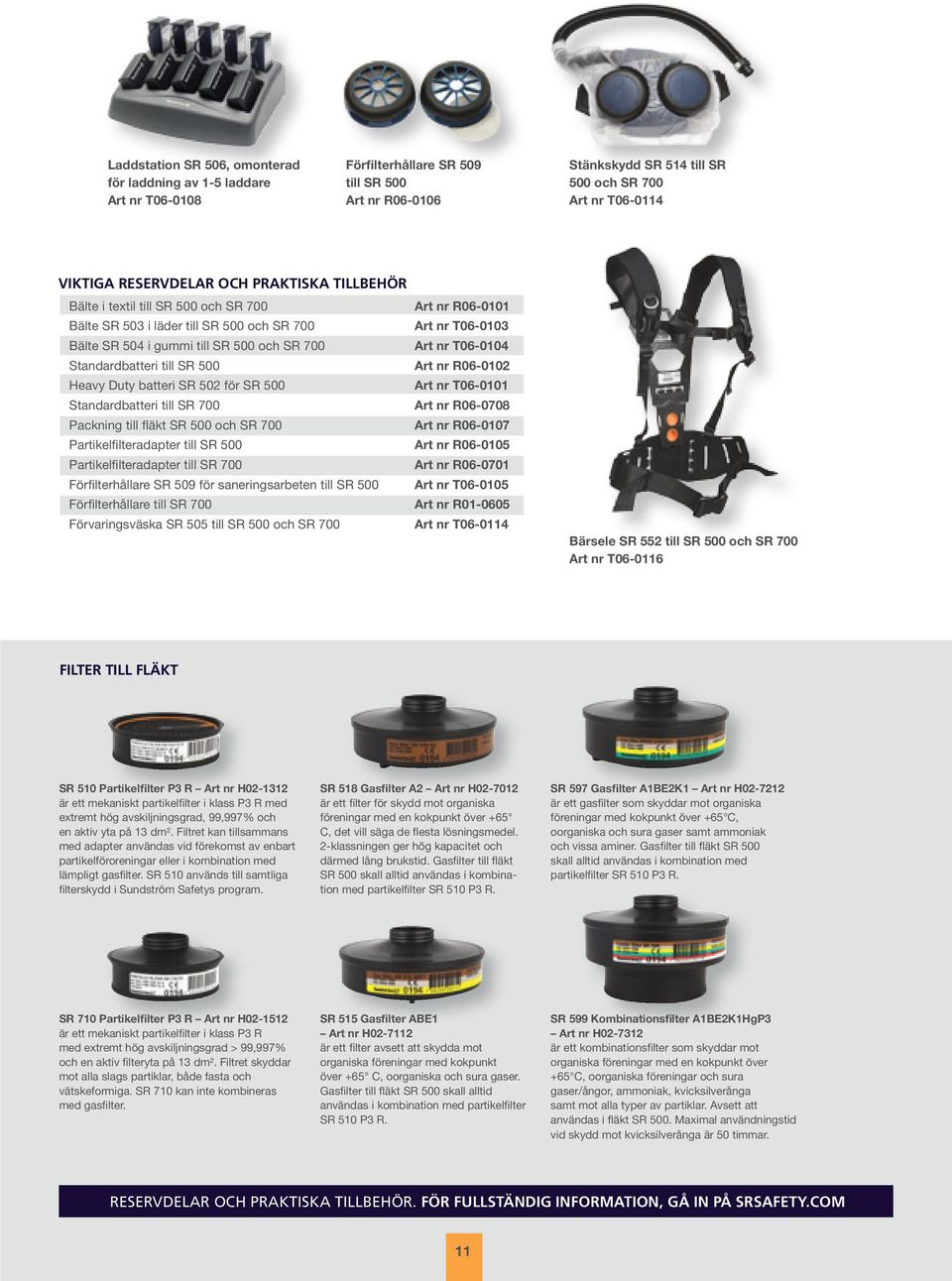 R06-0102 Heavy Duty batteri SR 502 för SR 500 Art nr T06-0101 Standardbatteri till SR 700 Art nr R06-0708 Packning till fläkt SR 500 och SR 700 Art nr R06-0107 Partikelfilteradapter till SR 500 Art