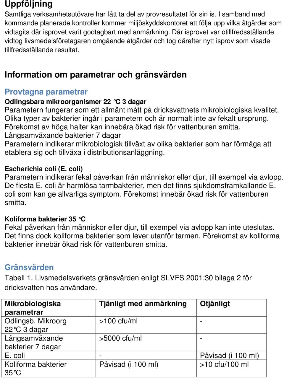 Där isprovet var otillfredsställande vidtog livsmedelsföretagaren omgående åtgärder och tog därefter nytt isprov som visade tillfredsställande resultat.