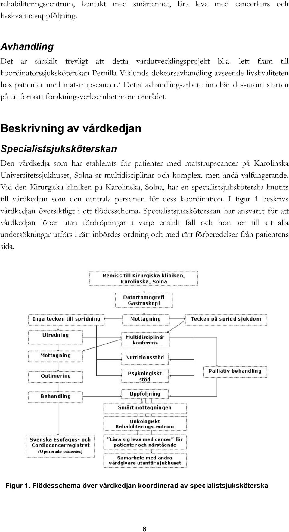 Beskrivning av vårdkedjan Specialistsjuksköterskan Den vårdkedja som har etablerats för patienter med matstrupscancer på Karolinska Universitetssjukhuset, Solna är multidisciplinär och komplex, men